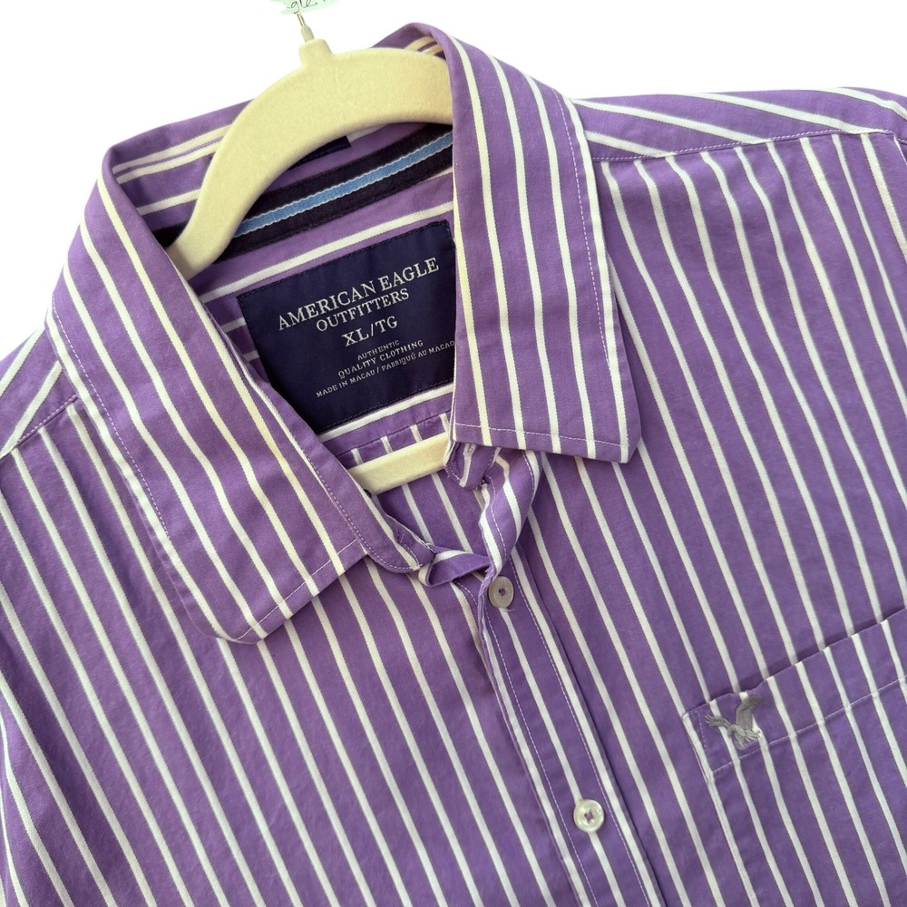 American Eagle Button Down Mens, XL Purple Striped Long Sleeve Eagle Logo Shirt